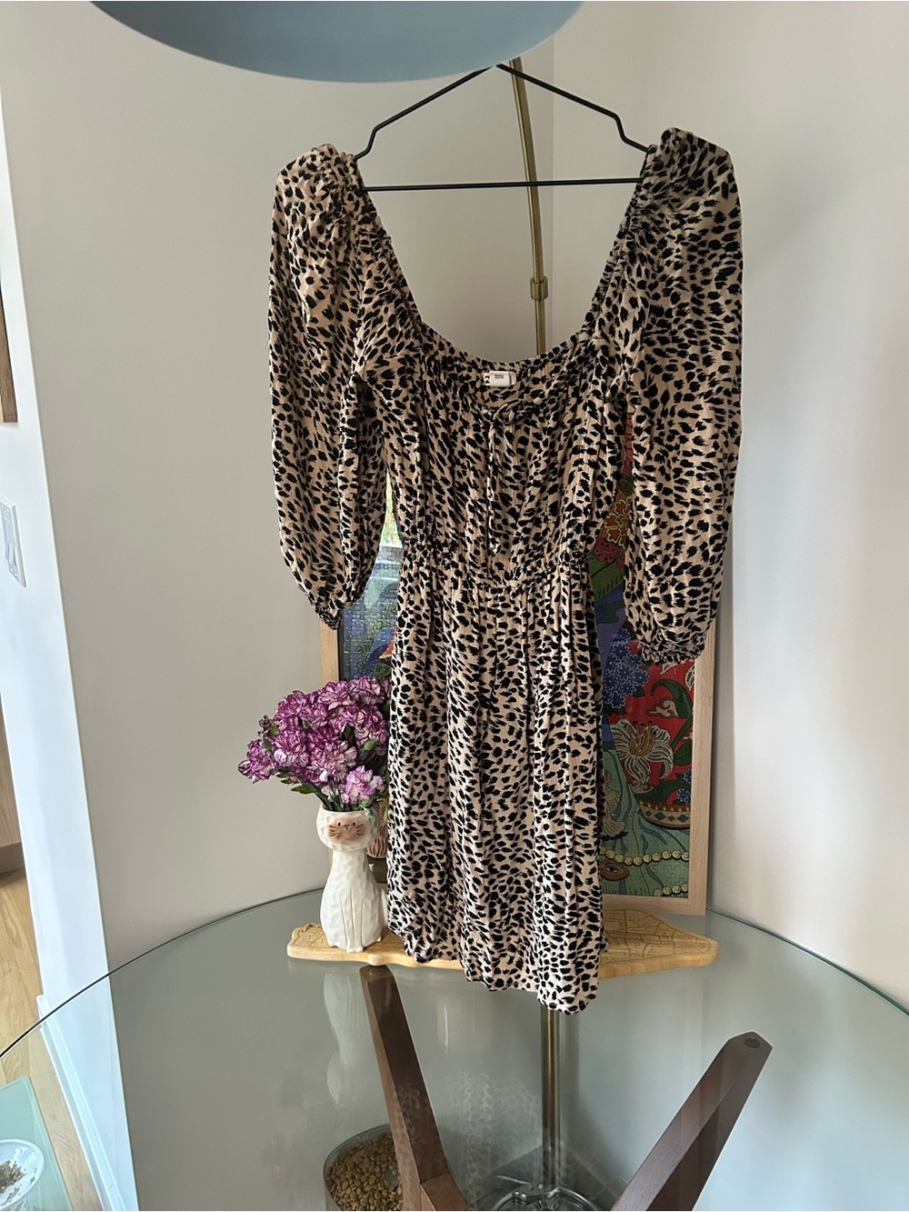 Billabong Leopard-Print Puff-Sleeve Mini Dress in Beige and Black